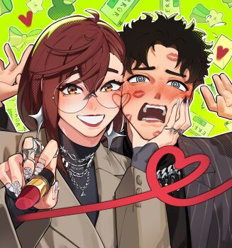 1boy 1girl @_@ absurdres ayase_momo black_hair black_shirt breasts brown_eyes brown_hair brown_jacket cheek_press commentary_request cosmetics crossed_bangs dandadan fake_nails formal_clothes glasses green_background hair_between_eyes hand_on_another&#039;s_chin heart highres jacket jewelry lipstick lipstick_mark lipstick_mark_on_face lipstick_tube makeup medium_breasts multiple_rings nail_art nervous parted_bangs parted_lips pinstripe_pattern pinstripe_suit ring round_eyewear shirt short_hair smile sparkle_earrings suit surprised takakura_ken_(dandadan) turtleneck upper_body yuqi_non