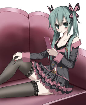 1girl absurdres bare_shoulders black_bra black_jacket black_skirt black_thighhighs blush bow bow_bra bra breasts butterfly_hair_ornament buttons cellphone cleavage collarbone colored_skin commentary_request couch double-breasted feet_out_of_frame flip_phone garter_straps green_hair hair_between_eyes hair_ornament hair_over_shoulder hand_on_own_knee hand_up hatsune_miku hatsune_miku_(honey_whip) highres holding holding_phone jacket kasukasugom1 knee_up lace lace-trimmed_bra lace_trim long_hair long_sleeves looking_at_phone miniskirt multicolored_skin nail_polish navel o3o on_couch petticoat phone pink_bow pink_skirt pleated_skirt project_diva_(series) puckered_lips red_nails sidelocks simple_background sitting skirt small_breasts solo straight_hair thighhighs twintails two-tone_skin underwear vocaloid white_background zettai_ryouiki