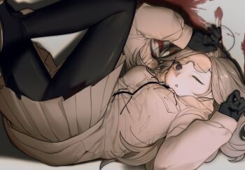 1girl :o aotsuki_eito black_gloves black_pantyhose black_shoes blood breasts eyewear_on_head genderswap genderswap_(mtf) gimnagy67859309 glasses gloves grey_eyes grey_hair grey_skirt highres jacket large_breasts legs_up long_hair looking_at_viewer lying on_back on_ground one_eye_closed pantyhose semi-rimless_eyewear shadow shoes skirt solo the_hundred_line_-last_defense_academy- white_jacket