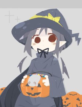 1girl artist_request bow candy chito_(shoujo_shuumatsu_ryokou) female_focus food grey_hair halloween halloween_bucket hat hat_bow high_collar jack-o&#039;-lantern long_sleeves neck_ribbon nuko_(shoujo_shuumatsu_ryokou) pointy_ears pumpkin red_eyes ribbon shoujo_shuumatsu_ryokou simple_background solo source_request tagme witch_hat