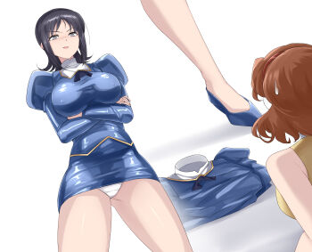 Rule 34 | 2girls, absurdres, agent aika, aida rion, aika (series), ascot, black ascot, black hair, blue delmo, blue jacket, blue skirt, breasts, brown eyes, brown hair, commentary request, commission, covered erect nipples, crossed arms, crotch seam, delmogeny uniform, headband, highres, jacket, juliet sleeves, large breasts, long sleeves, looking at viewer, multiple girls, open mouth, panties, pantyshot, pencil skirt, pixiv commission, puffy sleeves, short hair, sin (pixiv17875500), skirt, standing, underwear, unworn clothes, waitress delmo, white background, white panties, zoom layer