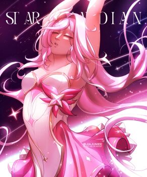 1girl arms_up breasts closed_eyes commentary dress elysia_(honkai_impact) english_commentary highres honkai_(series) honkai_impact_3rd jiajuniee league_of_legends long_hair magical_girl medium_breasts pink_hair sky solo star_(sky) star_guardian_(league_of_legends) starry_sky twitter_username very_long_hair white_dress