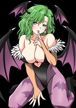 1girl absurdres animal_print bat_print bat_wings blue_eyes breasts bridal_gauntlets cleavage clothing_cutout commentary_request cosplay darkstalkers demon_girl final_fantasy final_fantasy_iv fur-trimmed_leotard fur_trim green_hair head_wings heart_cutout highleg highleg_leotard highres large_breasts leotard long_hair morrigan_aensland morrigan_aensland_(cosplay) off-shoulder_leotard pantyhose print_pantyhose purple_pantyhose purple_wings rydia_(ff4) solo wavy_hair wings yuuyuu_(3jjbn)
