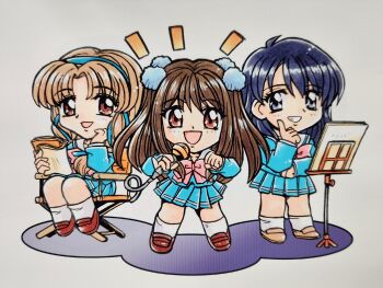 Rule 34 | 3girls, blonde hair, blue eyes, blue hair, blue hairband, blue ribbon, blue serafuku, blue shirt, blue skirt, book, bow, brown eyes, brown hair, brown shoes, chair, chibi, chibi only, commentary, director's chair, folding chair, full body, grin, hair ornament, hair ribbon, hairband, hand up, highres, holding, holding book, holding microphone, index finger raised, kira kira melody gakuen, kokomahi, loafers, long hair, looking at viewer, medium hair, microphone, multiple girls, music stand, notice lines, official art, on chair, open mouth, pink bow, pinky out, pleated skirt, pom pom (clothes), pom pom hair ornament, ribbon, sailor collar, school uniform, serafuku, sheet music, shirt, shoes, sitting, skirt, smile, socks, standing, traditional media, white background, white sailor collar, white socks