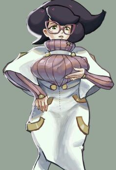 1girl big_hair breasts buttons capelet dreymore glasses green_eyes grey_background half-closed_eyes hand_on_own_chest high-waist_skirt highres large_breasts long_sleeves medium_skirt nintendo pencil_skirt pink-framed_eyewear pink_sweater pokemon pokemon_sm purple_hair ribbed_sweater short_hair skirt solo sweater sweater_guard turtleneck turtleneck_sweater white_capelet white_skirt wicke_(pokemon)