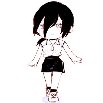 1girl chainsaw_man chibi chibi_only closed_mouth deer60868637 full_body hair_between_eyes looking_at_viewer monochrome polo_shirt reze_(chainsaw_man) shirt_tucked_in shorts smile solo