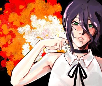 1girl absurdres black_choker black_ribbon chainsaw_man choker floral_background green_eyes grenade_pin hair_between_eyes highres looking_at_viewer m1kuluvrr neck_ribbon parted_lips purple_hair reze_(chainsaw_man) ribbon shirt sleeveless sleeveless_shirt solo white_shirt