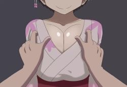 1boy 1girl animated assisted_exposure bouncing_breasts breasts collarbone grey_background grey_hair head_out_of_frame japanese_clothes kimono large_areolae large_breasts nipples no_bra pov scrabble007 short_hair smile unfinished uzaki-chan_wa_asobitai! uzaki_hana video