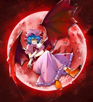 1girl back_bow bat_(animal) bat_wings blood blood_from_mouth blood_on_face blue_hair bow brown_shoes commentary crossed_legs fingernails frilled_skirt frills full_body full_moon hat hat_ribbon highres looking_at_viewer mob_cap moon pink_hat pink_shirt pink_skirt pointy_ears puffy_short_sleeves puffy_sleeves red_bow red_eyes red_moon red_sky remilia_scarlet ribbon sharp_fingernails shirt shoes short_sleeves skirt skirt_set sky solo touhou wings wrist_cuffs yuya_(euky8335)