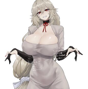 1girl alexandrina_sebastiane black_gloves blonde_hair blush breasts cleavage collarbone covered_navel dongtan_dress dress elbow_gloves fingerless_gloves gabriel_carrasquillo gloves grey_dress hair_between_eyes highres large_breasts long_hair long_sleeves looking_at_viewer low-tied_long_hair neck_ribbon red_eyes red_ribbon ribbon simple_background smile solo taut_clothes taut_dress tight_clothes tight_dress very_long_hair white_background