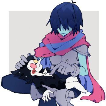 1boy 1other 2525nicc armor black_hair black_shirt blue_hair blue_skin boots circle_facial_mark colored_skin deltarune gloves grey_boots grey_gloves heterochromatic_eyewear highres kris_(dark_world)_(deltarune) kris_(deltarune) long_nose on_lap pants pointy_nose round_eyewear shirt short_hair spamton_g._spamton striped_cape sweat tinted_eyewear utdr_(toby_fox) white_pants
