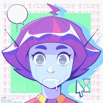 1girl animated animated_gif antenna_hair artistic_error cursor drooling english_text facing_viewer hourglass letitmelo looping_animation purple_hair robot static static_eyes