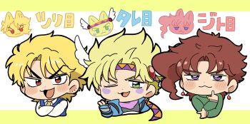 3boys :3 animalization battle_tendency blonde_hair blush_stickers caesar_anthonio_zeppeli cat chibi crossed_arms dio_brando earrings facial_mark fingerless_gloves gloves green_eyes headband highres jacket jewelry jojo_no_kimyou_na_bouken jojo_pose kakyoin_noriaki kakyoin_noriaki&#039;s_pose long_sleeves male_focus mole mole_on_ear motu705 multiple_boys necktie one_eye_closed open_mouth phantom_blood purple_eyes red_eyes red_hair scarf short_hair smile stardust_crusaders translation_request triangle triangle_facial_mark v-shaped_eyebrows vest winged_headwear