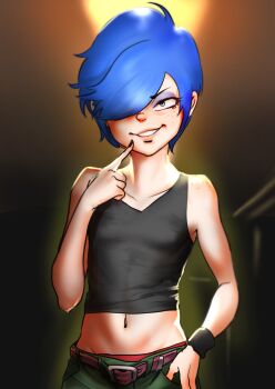 1girl belt black_nails black_tank_top breasts ed_edd_n_eddy eyeshadow freckles green_pants groin hair_over_one_eye highres kaze_fukeba_nanashi makeup marie_kanker nail_polish pants parted_lips short_hair small_breasts smile solo tank_top wristband