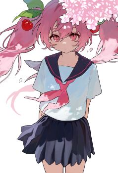 1girl absurdres alternate_costume cherry_blossoms cherry_hair_ornament commentary_request cowboy_shot food-themed_hair_ornament grey_sailor_collar grey_skirt hair_ornament haru_(ririne9999rine) hatsune_miku highres long_hair looking_at_viewer miniskirt neckerchief pink_eyes pink_hair pink_neckerchief pleated_skirt sailor_collar sailor_shirt sakura_miku shirt short_sleeves skirt solo standing twintails vocaloid white_shirt
