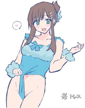 1girl :d blush brown_hair collarbone green_eyes groin hair_ornament hairclip highres long_hair looking_at_viewer navel open_mouth pirorr sidelocks simple_background smile solo sophia_esteed star_ocean star_ocean:_till_the_end_of_time white_background