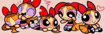 Rule 34 | +++, 1girl, blossom (ppg), blush, closed eyes, closed mouth, commentary request, heart, long hair, looking at another, looking down, looking up, lying, on stomach, open mouth, orange hair, pink eyes, powerpuff girls, red ribbon, ribbon, sitting, standing, yunomi (bearleaf)