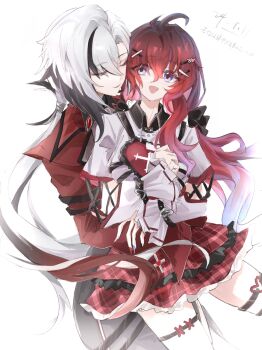 2girls absurdres ahoge antenna_hair arlecchino_(genshin_impact) arlecchino_(live_actually)_(genshin_impact) artist_self-insert black_bow blue_eyes bow closed_eyes closed_mouth collared_dress collared_jacket commentary_request commission commissioner_insert couple cross-laced_clothes cross-laced_sleeves dated dress frilled_dress frilled_sleeves frills from_side genshin_impact gradient_hair grey_hair grey_pants hair_between_eyes hair_bow hair_ornament hairclip highres holding_hands hug hug_from_behind huge_ahoge inaterayukiha jacket jewelry leaning_back leaning_on_person leaning_to_the_side long_hair long_sleeves looking_to_the_side low_ponytail mixed-language_commentary multicolored_eyes multicolored_hair multicolored_nails multiple_girls oc_x_canon open_mouth original pants ponytail red_hair red_jacket red_lips red_pupils short_dress simple_background standing streaked_hair thighlet thighs too_many_hair_ornaments wavy_hair white_background wide_sleeves yuri