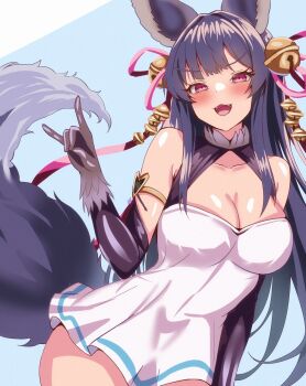 1girl :3 :d animal_ears bell black_gloves blush breasts cleavage commentary_request dress elbow_gloves erune fangs fox_ears fox_girl fox_shadow_puppet fox_tail gloves granblue_fantasy hair_bell hair_ornament hair_ribbon highres large_breasts long_hair looking_at_viewer open_mouth pink_eyes purple_hair ribbon smile solo tail very_long_hair white_dress yuel_(granblue_fantasy) yuel_(water)_(granblue_fantasy) yuzi124