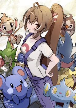 1girl :o ahoge azurill blue_overalls brown_eyes brown_hair chimchar cosplay dawn_(pokemon) dawn_(pokemon)_(cosplay) fire flower from_above gen_3_pokemon gen_4_pokemon gible hand_on_own_hip highres hololive hololive_english long_hair looking_at_viewer multicolored_hair nanashi_mumei nintendo official_alternate_costume overalls poke_ball poke_ball_hair_ornament poke_ball_print pokemon pokemon_bdsp ponytail punished_pigeon roselia_(pokemon) shinx shirt sketch starly streaked_hair t-shirt very_long_hair virtual_youtuber white_shirt