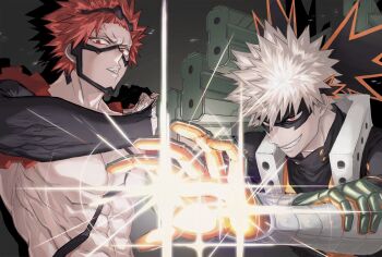 Rule 34 | 2boys, abs, angry, bakugou katsuki, bambi krbk, blonde hair, boku no hero academia, commentary, english commentary, evil smile, explosion, eye mask, highres, kirishima eijiro, looking at viewer, male focus, mask, multiple boys, red eyes, red hair, short hair, smile, spiked hair, superhero costume, teeth, toned, toned male, upper body, v-shaped eyebrows