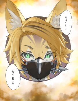 1girl animal_ear_fluff animal_ears black_mask blonde_hair border cat_ears cat_girl commentary_request furry furry_female green_eyes highres hoooowl looking_at_viewer mask mouth_mask outside_border pulchra_fellini round_border solo sweat translation_request yellow_fur zenless_zone_zero