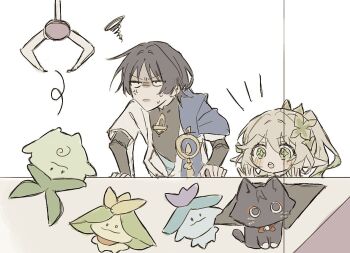 1boy 1girl against_glass anger_vein animalization annoyed aranara_(genshin_impact) ararycan_(genshin_impact) arms_at_sides black_bodysuit black_bridal_gauntlets black_cat black_eyes black_hair blue_cape blue_kimono blunt_ends blush bodysuit bridal_gauntlets cape cat colored_inner_hair crane_game creature cross-shaped_pupils eyelashes eyeliner eyeshadow frown furisode genshin_impact gold green_eyes green_hair green_pupils hair_intakes height_difference japanese_clothes juban kimono long_hair looking_at_object makeup mandarin_collar mo362335 multicolored_hair nahida_(genshin_impact) notice_lines open_clothes open_hands open_kimono open_mouth parted_lips partially_shaded_face person_and_animalization pointy_ears raised_eyebrows red_eyeliner red_eyeshadow sanpaku scaramouche_(cat)_(genshin_impact) scaramouche_(genshin_impact) short_sleeves side_ponytail sidelocks sketch squiggle stuffed_animal stuffed_toy sweatdrop symbol-shaped_pupils tareme teeth upper_teeth_only wanderer_(genshin_impact) white_hair white_kimono white_mouth white_sleeves wispy_bangs