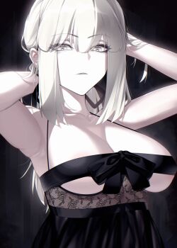 1girl arms_behind_head arms_up artoria_pendragon_(fate) bare_shoulders black_dress black_ribbon breasts cleavage commentary_request dress fate/stay_night fate_(series) grey_eyes grey_hair large_breasts long_hair looking_at_viewer low_ponytail ponytail revealing_clothes ribbon saber_alter sidelocks solo tamamoice