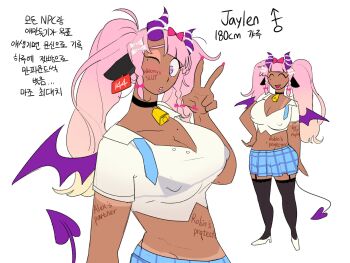 1girl animal_ears black_thighhighs breasts cow_ears degrees_of_lewdity demon_horns demon_tail demon_wings dol_amlep full_body garter_belt hair_ribbon highres horns korean_text large_breasts multiple_views pink_eyes pink_hair player_character_(degrees_of_lewdity) player_character_(female)_(degrees_of_lewdity) red_ribbon ribbon shirt simple_background tail tan thighhighs twintails v white_background white_shirt wings