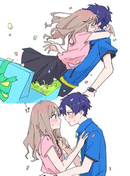 Rule 34 | 1girl, asanaka yomogi, blue hair, blush, box, breasts, brown hair, closed eyes, gift, gift box, green eyes, gridman universe, gridman universe (movie), hair ornament, happy birthday, hetero, highres, himagosan, hug, long hair, looking at viewer, minami yume, necktie, pants, shirt, short hair, short sleeves, simple background, skirt, smile, sweatdrop, white background