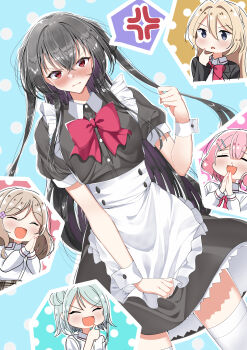 5girls :d :o absurdres alternate_costume amaori_renako anger_vein angry apron black_dress black_hair blonde_hair blood blue_background blue_hair blush bow breasts brown_hair chibi closed_eyes collar cowboy_shot dress dutch_angle embarrassed enmaided flower_hairclip frilled_apron frills hair_bun hair_ornament hairclip hand_on_own_chin hand_up highres interested koto_satsuki koyanagi_kaho long_hair maid maid_apron medium_breasts multiple_girls nosebleed open_mouth ouzuka_mai ozawa_sayori palms_together parallel_hairclips parted_lips pink_hair polka_dot polka_dot_background praying puffy_short_sleeves puffy_sleeves red_bow school_uniform sena_ajisai short_hair short_sleeves skirt skirt_tug smile solo_focus spoken_anger_vein thighhighs thumbs_up twintails very_long_hair watashi_ga_koibito_ni_nareru_wake_naijan_murimuri! white_thighhighs white_wrist_cuffs wrist_cuffs