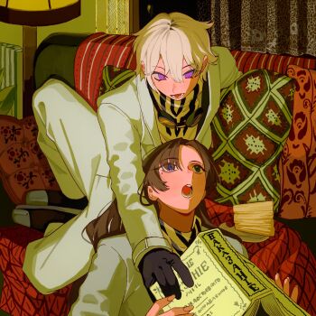 Rule 34 | 1boy, 1girl, black gloves, blanket, blue eyes, book, brown hair, commentary, crime and punishment, cyrillic, gloves, goggles, goggles on head, highres, holding, holding book, indoors, jacket, limbus company, long hair, open mouth, parted bangs, pillow, project moon, purple eyes, quilt, rodion (project moon), sonya (project moon), very long hair, white hair, white jacket, yongsadragon