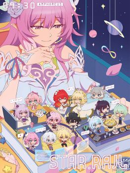 4boys 6+girls aglaea_(honkai:_star_rail) ahoge amphoreus_(honkai:_star_rail) anaxa_(honkai:_star_rail) animal_ears artist_name bare_shoulders black_hair blonde_hair blue_hair book castorice_(honkai:_star_rail) cerydra_(honkai:_star_rail) chrysos_heirs_(honkai:_star_rail) cipher_(honkai:_star_rail) commentary copyright_name cyrene_(honkai:_star_rail) cyrene_(ripples_of_past_reverie)_(honkai:_star_rail) dan_heng_(honkai:_star_rail) dan_heng_(hunt)_(honkai:_star_rail) diamond-shaped_pupils diamond_(shape) dress english_commentary evernight_(honkai:_star_rail) flower galaxy grey_hair hair_between_eyes hair_flower hair_ornament highres holding holding_book honkai:_star_rail honkai_(series) hyacine_(honkai:_star_rail) hysilens_(honkai:_star_rail) infinity_symbol little_ica_(honkai:_star_rail) long_hair march_7th_(honkai:_star_rail) multicolored_hair multiple_boys multiple_girls mydei_(honkai:_star_rail) orange_hair phainon_(honkai:_star_rail) pink_hair pointy_ears purple_hair red_hair short_hair sitting skirt smile symbol-shaped_pupils table tail trailblazer_(honkai:_star_rail) tribios_(honkai:_star_rail) white_dress white_hair yurax-mae