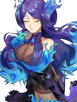 1girl 4me3ba_niku arms_under_breasts blue_hair breasts brighid_(xenoblade) closed_eyes closed_mouth commentary_request dress fiery_hair highres large_breasts long_hair multicolored_hair purple_dress purple_hair simple_background solo standing two-tone_hair white_background xenoblade_chronicles_(series) xenoblade_chronicles_2