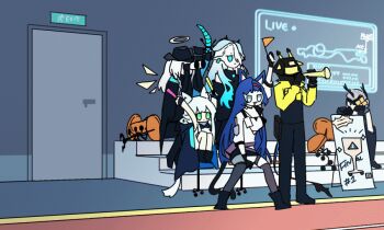 ... 5boys 6+girls ace_(arknights) amiya_(arknights) animal_ears animated animated_gif arknights arms_up binoculars blaze_(arknights) blue_hair brown_hair cat_ears cat_girl chair cheering chinese_commentary commentary_request competition covered_face detached_wings evening exit_sign flag glowstick grey_hair halo holding holding_binoculars holding_flag holding_glowstick holding_instrument holding_trumpet indoors instrument kal&#039;tsit_(arknights) knees_to_chest logos_(arknights) losia mantra_(arknights) mechanist_(arknights) misery_(arknights) mountainous_horizon multiple_boys multiple_girls music open_door outcast_(arknights) outdoors playing_instrument rosmontis_(arknights) scout_(arknights) sitting sky spoken_ellipsis standing stool sunglasses suspension swivel_chair throwing traditional_halo trumpet white_hair wings yellow_halo yellow_wings