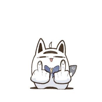 ahoge animal_ears black_eyes blue_bow blue_bowtie bow bowtie cocomayo29_(tomato) double_middle_finger fox_ears fox_tail full_body half-closed_eyes hololive looking_at_viewer mascot middle_finger miteiru_(shirakami_fubuki) open_mouth pentagram shadow simple_background solo standing tail white_background white_hair