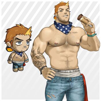 1boy absurdres arm_tattoo armpit_hair armpit_hair_peek bara beard_stubble bulge character_request chibi cowboy_shot denim ero_condo face_piercing facial_hair food hairy highres holding holding_food holding_ice_cream ice_cream jeans kienbiu large_pectorals leg_hair male_focus muscular muscular_male mustache_stubble navel nipple_piercing nipple_rings nipples nose_piercing nose_ring official_alternate_costume orange_hair paid_reward_available pants pectorals piercing short_hair simple_background smirk solo standing stomach stubble tattoo thick_arm_hair thick_chest_hair thick_navel_hair thick_neck thighs topless_male torn_clothes torn_pants veins