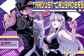 Rule 34 | 1boy, 1girl, adversarial noise, aqua eyes, belt, black dress, black hair, breasts, chain, cleavage, commentary request, copyright name, couple, dress, english text, gakuran, gradient background, green shirt, hand on own hip, hetero, jojo no kimyou na bouken, kuujou joutarou, large breasts, long hair, looking at viewer, mixed-language text, multiple piercings, muscular, muscular male, oc x canon, open mouth, original, pointing, pointing at viewer, purple background, purple eyes, purple trim, romaji text, school uniform, shirt, short hair, stardust crusaders, tsumikierika, upper body, white belt, white hair