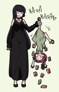 2girls absurdres bare_shoulders black_bow black_choker black_dress black_hair black_shoes bocchi_the_rock! bow braid breasts carton choker cleavage closed_eyes collarbone commentary_request detached_sleeves dot_nose dress full_body geta goumonsha grabbing_another&#039;s_leg green_dress hair_bow height_difference held_up highres hiroi_kikuri lifting_person long_dress long_hair motion_lines multiple_girls open_mouth pa-san red_hair sandals shoes simple_background single_braid smile sound_effects standing upside-down white_background