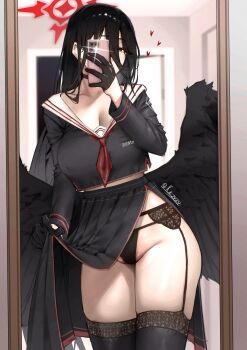 Rule 34 | 1girl, absurdres, black garter belt, black gloves, black hair, black panties, black shirt, black skirt, black thighhighs, black wings, blue archive, breasts, cellphone, clothes lift, cowboy shot, garter belt, gloves, halo, hasumi (blue archive), heart, highres, holding, holding phone, kaizuzu, large breasts, lifting own clothes, long hair, long sleeves, looking at viewer, mirror, panties, phone, red eyes, red halo, reflection, selfie, shirt, skirt, skirt lift, smartphone, solo, thighhighs, underwear, wings