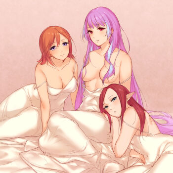 3girls arm_support blue_eyes breasts brown_hair cleavage clothes_pull collarbone dress dress_pull earrings hair_between_eyes hair_censor hair_over_breasts jewelry kaname_buccaneer leaning_forward long_dress long_hair lying macross macross_delta medium_breasts mikumo_guynemer mirage_farina_jenius multiple_girls on_side pointy_ears purple_hair red_eyes red_hair sasanoneko sitting sleeveless sleeveless_dress straight_hair very_long_hair white_dress