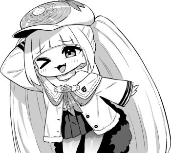 Rule 34 | > o, 1girl, azur lane, azur lane: slow ahead, blunt bangs, chibi, chibi only, dmitri donskoi (azur lane), fang, greyscale, hand up, hat, hori (hori no su), long hair, monochrome, official art, one eye closed, open mouth, parka, peaked cap, simple background, skirt, solo, twintails, very long hair, white background