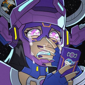 1girl black_hair bright_pupils cellphone clenched_teeth commentary crying crying_with_eyes_open english_commentary eyeshadow fantastic_four fingerless_gloves fingernails galacta gloves helmet highres holding holding_phone jeff_(marvel) kevin_raganit lipstick long_hair looking_at_viewer makeup marvel marvel_rivals mecha meme multicolored_helmet nail_polish parted_lips phone purple_eyes purple_eyeshadow purple_helmet purple_lips purple_nails robot smartphone solo square_pupils streaming_tears tanjirou_disgusted_face_(meme) tears teeth transformers transformers:_generation_1 unicron white_pupils