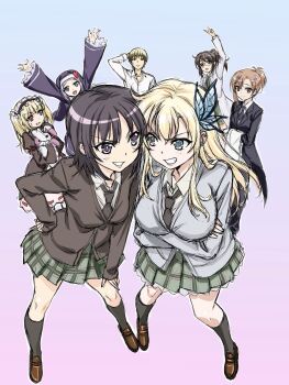 1boy 6+girls arms_up black_cardigan black_dress black_hair black_necktie black_socks black_suit blonde_hair blue_background blue_cardigan blue_eyes boku_wa_tomodachi_ga_sukunai brown_hair butterfly_hair_ornament cardigan clenched_teeth collared_shirt crossed_arms dress foreshortening formal_clothes frilled_hairband frills full_body gradient_background green_skirt hair_ornament hairband hasegawa_kobato hasegawa_kodaka heterochromia highres kashiwazaki_sena kneehighs kusunoki_yukimura lab_coat loafers long_hair long_sleeves mikazuki_yozora multiple_girls necktie nun official_artist_extra pink_background plaid_clothes plaid_skirt purple_background red_eyes school_uniform shiguma_rika shirt shoes short_hair sketch skirt socks st._chronica_academy_school_uniform standing stuffed_animal stuffed_rabbit stuffed_toy suit takayama_maria teeth traditional_nun watanabe_yoshihiro white_shirt