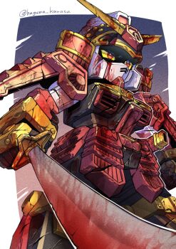 blood bloody_weapon clenched_hand gundam haguma_karasu holding holding_sword holding_weapon katana kinako_(karasu_nomaru) mecha musha_gundam no_humans red_eyes robot science_fiction sd_gundam sd_sengokuden sheath sheathed solo sword twitter_username v-fin weapon