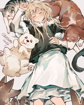 1girl aged_down animal arm_up black_vest blonde_hair blush cat child closed_eyes closed_mouth dog dress dungeon_meshi facing_viewer falin_touden falin_touden_(tallman) feet_out_of_frame fur-trimmed_sleeves fur-trimmed_vest fur_trim hand_on_own_stomach happy highres kasumi007 layered_sleeves licking long_hair long_sleeves looking_at_viewer multiple_dogs patchwork_clothes short_hair short_over_long_sleeves short_sleeves simple_background sleeping smile tongue tongue_out twitter_username vest white_dress