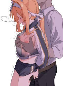 1boy 1girl absurdres animal_ears belt black_pants blue_archive blue_jacket blue_shorts bongnom breasts brown_belt cat_ears cat_girl closed_eyes collared_shirt extra_ears grabbing_another&#039;s_breast grabbing_from_behind groping hand_under_clothes hetero highres jacket loli mari_(blue_archive) mari_(track)_(blue_archive) navel nipples official_alternate_costume open_mouth orange_hair pants ponytail shirt short_shorts shorts small_breasts track_jacket trembling white_shirt x-ray