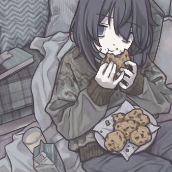 1girl :t absurdres bags_under_eyes black_hair book chocolate_chip_cookie cookie couch cup drink_carton drinking_glass eating food food_on_face green_sweater gudon_udon hair_over_one_eye highres medium_hair milk milk_carton original pale_skin pants plate sitting solo sweater