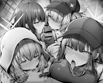 1boy 4girls absurdres arius_squad_(blue_archive) atsuko_(blue_archive) bar_censor baseball_cap blue_archive blush breast_press breasts censored cooperative_fellatio cuddling_handjob erection fellatio gloved_handjob gloves greyscale group_sex hair_between_eyes hair_over_one_eye halo handjob harem hat hetero highres hiyori_(blue_archive) hood hood_up hooded_jacket jacket large_breasts licking licking_nipple licking_penis long_hair long_sleeves looking_at_viewer misaki_(blue_archive) monochrome multiple_girls nipple_stimulation nipples open_mouth oral penis pov reverse_nursing_handjob saori_(blue_archive) shirt teamwork_(sexual) tongue tongue_out uko_magi