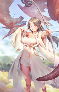 1girl bad_link bigrbear blue_sky bow_(weapon) bracelet breasts brown_hair day dragon dress earrings elf green_eyes highres holding holding_bow_(weapon) holding_weapon jewelry large_breasts long_hair nipples original outdoors pointy_ears sky solo standing weapon white_dress